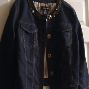 Dark Blue Denim Jacket with Sequin Detail